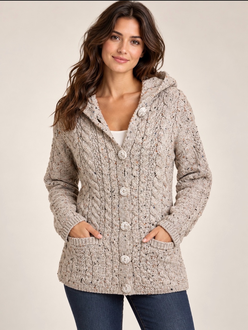 Aran Mor merino wool  Cable Knit Hooded Cardigan Sweater - Beige size small